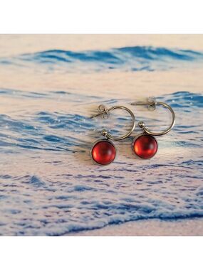 Red Crystal Sea Glass Rhinestone Dangle Drop Hoop Earrings